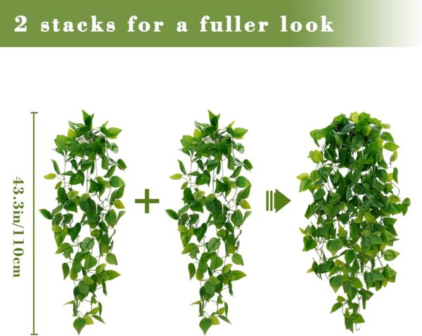 BLEUM CADE Fake Hanging Plants, 2pcs Artificial Hanging Plant, Faux Pothos Vines Hanging Plant Greenery for Wall Home Living Room Indoor Outdoor Decor (No Baskets) - Image 2