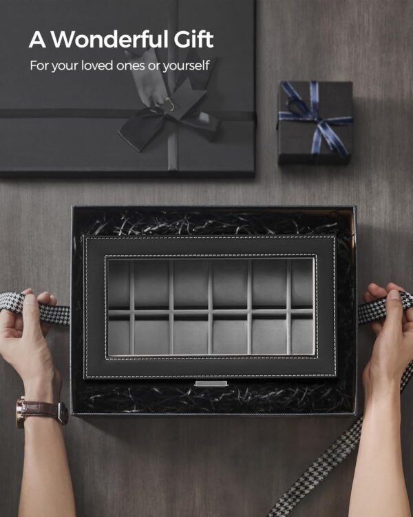 SONGMICS 12-Slot Watch Box, Lockable Watch Case with Glass Lid, 2 Layers, with 1 Drawer for Rings, Bracelets, Gift Idea, Black Synthetic Leather, Gray Lining UJWB012 - Image 7