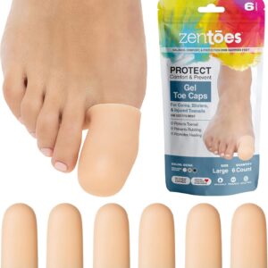 ZenToes 6 Pack Gel Toe Cap and Protector - Cushions and Protects to Provide Relief from Missing or Ingrown Toenails, Corns, Blisters, Hammer Toes (Large, Beige)