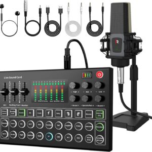 RHM Podcast Equipment Bundle, All-in-One Audio Interface DJ Mixer with Microphone, Stand, Monitor Earphone, Audio Mixer With Sound card for PC/Laptop/Phone, Streaming/Podcasting/Gaming