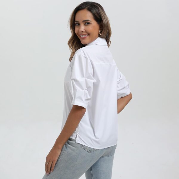 Womens White V Neck Blouse Shirt Short Ruched Sleeves Niche Casual Tops with One Front Chest Pocket - Image 4