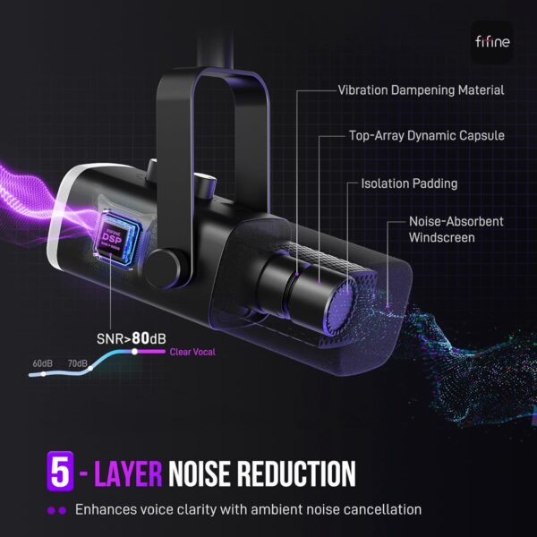 FIFINE XLR/USB Gaming Microphone Set, Dynamic PC Mic for Streaming Podcasting, Computer RGB Mic Kit with Boom Arm Stand, Mute Button, Headphones Jack, for Recording Vocal Voice-Over-AmpliGame AM8T - Image 4