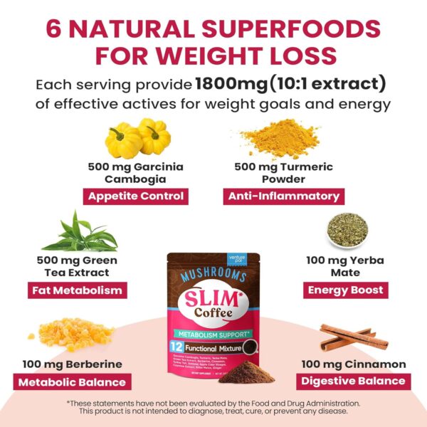 Venture Pal Slim Mushroom Coffee for Weight Loss, Instant Coffee with Berberine, Cinnamon, Yerba Mate, Turmeric, & More, 1800mg(10:1) Extract for Diet Support & Metabolism Boost - 40 Servings - Image 4