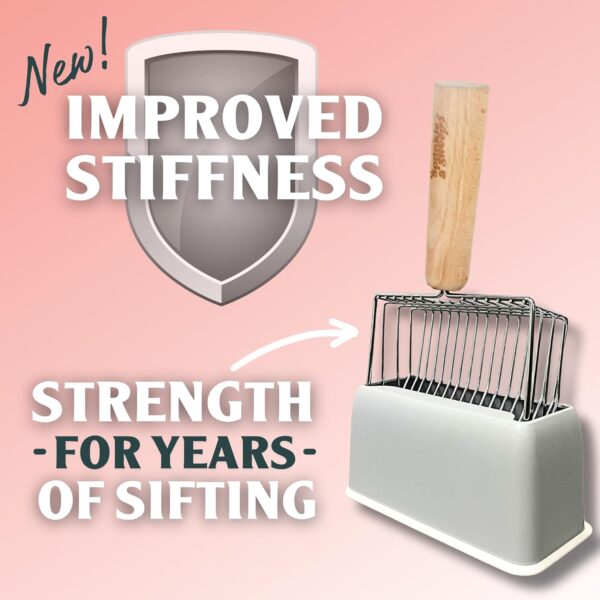 Sprinkle & Sweep Metal Cat Litter Scoop - Heavy Duty Litter Scooper & Speed Sifter with Comfortable Beech Wood Grip - Washable Convenient Stand for Easy and Efficient Cleaning - Image 5