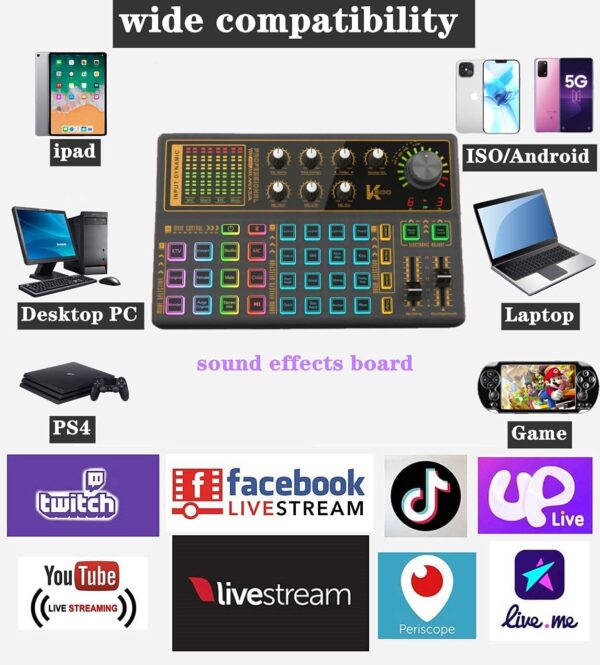 K300 Sound Effects Board Set, LED Light Voice Changer Sound Card with Multiple Sound Effects - Podcast Equipment Bundle for Live Streaming/Laptop Computer Vlog/Living Broadcast YouTube or TikTok - Image 6