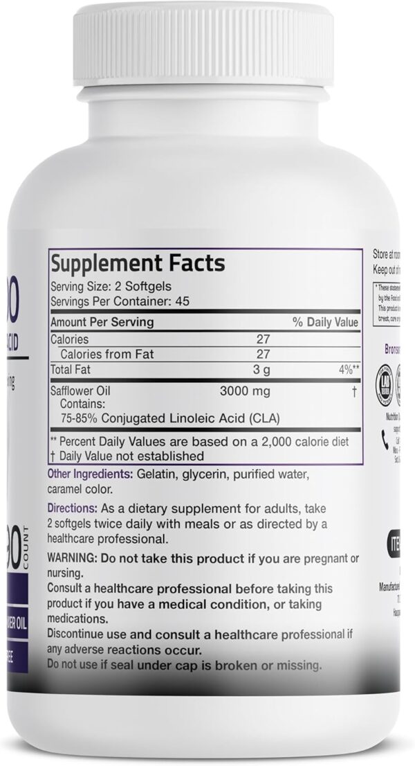 Bronson CLA 3000 Extra High Potency Supports Healthy Weight Management Lean Muscle Mass Non-Stimulating Conjugated Linoleic Acid, 90 Softgels - Image 2