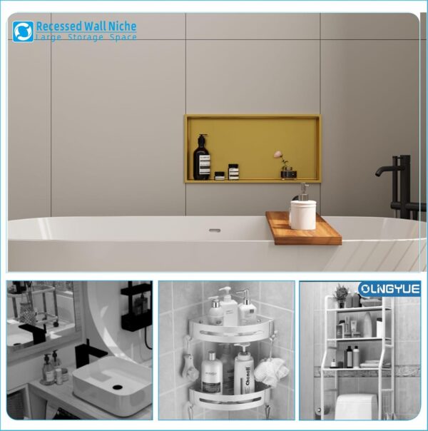 Brushed Gold Shower Niche: No Tile Needed Stainless Steel - 24"x12" Recessed Wall Niches Shelf for Bathroom Kitchen Toilet Storage - Image 5