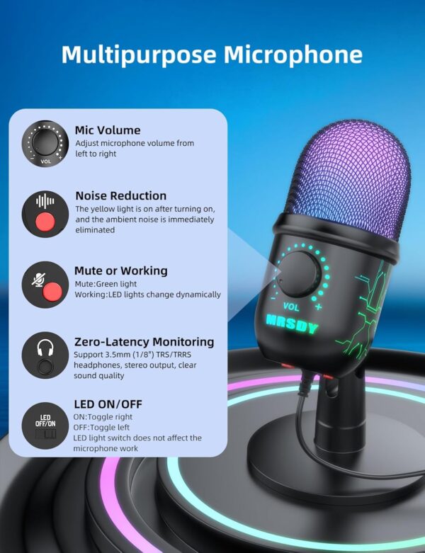 Gaming Microphone, USB Computer Microphone for PC, Mac, PS4/5, Condenser Podcast Mic for Studio Recording, YouTube, Streaming, with Headphone Jack, Led Light, Mute, Gain, Noise Cancellation - Image 2