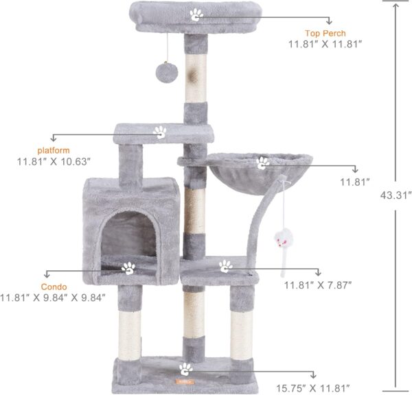 Heybly Cat Tree with Toy, Cat Tower condo for Indoor Cats, Cat House with Padded Plush Perch, Cozy Hammock and Sisal Scratching Posts, Light Gray HCT004SW - Image 3