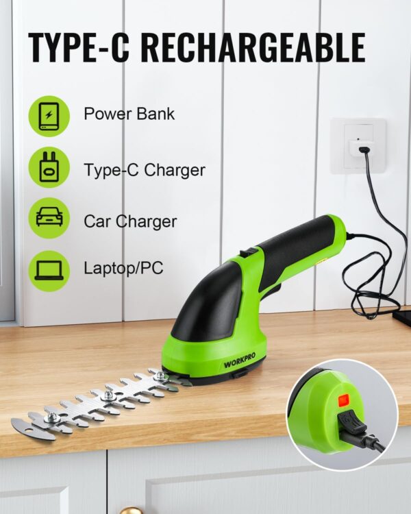 WORKPRO Cordless Grass Shear & Shrubbery Trimmer - 2 in 1 Handheld 7.2V Electric Grass Trimmer Hedge Shears/Grass Cutter Rechargeable Lithium-Ion Battery and Type-C Cable Included - Image 4