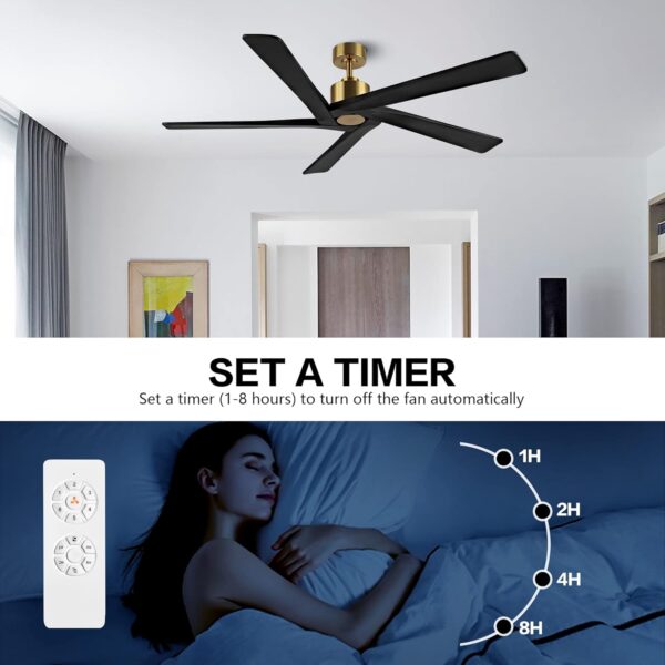 WINGBO 54 Inch DC Ceiling Fan without Lights, 5 Reversible Carved Solid Wood Blades, 6-Speed Noiseless DC Motor, Ceiling Fan No Light with Remote, Brass Finish with Black Blades, ETL Listed - Image 6