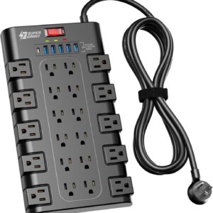 Power Strip, SUPERDANNY Surge Protector with 22 AC Outlets and 6 USB Charging Ports, 1875W/15A, 2100 Joules, 6.5Ft Flat Plug Heavy Duty Extension Cord for Home, Office, Dorm, Gaming Room, Black
