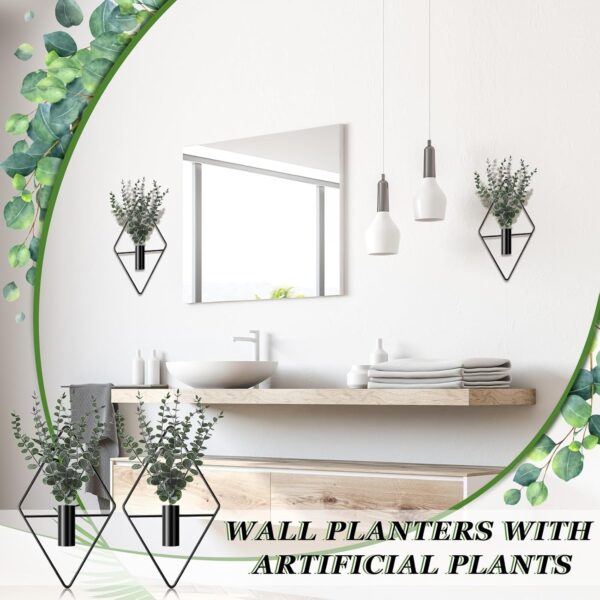 Jexine Hanging Planters with Artificial Eucalyptus Metal Hanging Vase Indoor Plants Holder Modern Geometric Boho Bathroom Wall Decor for Living Room Home Office (Black,4 Pcs) - Image 5