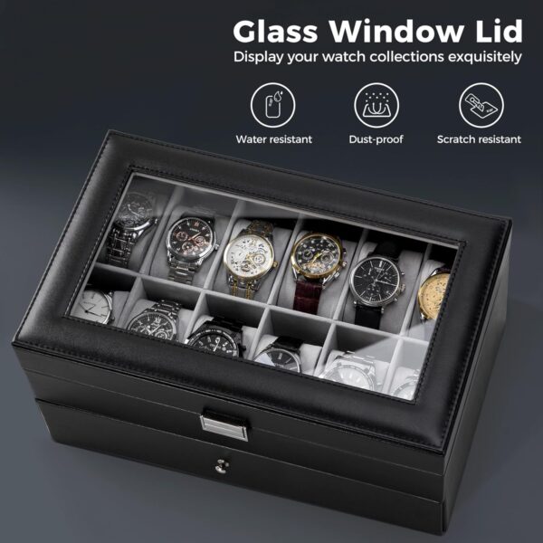 ProCase Watch Box for Men, 12 Slot Mens Watch Case With Drawer, Watch Display Case With Glass Lid, 2-Layer Watch Holder Organizer, Jewelry and Watch Storage for Men Women -12Slot, Black - Image 4