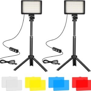 LED Video Light 2-Pack, 5600K Dimmable USB Photo Lights with Mini Tripod and Colored Filters for Photo Studios, Small Angle Shooting, Video Recording, Game Streaming