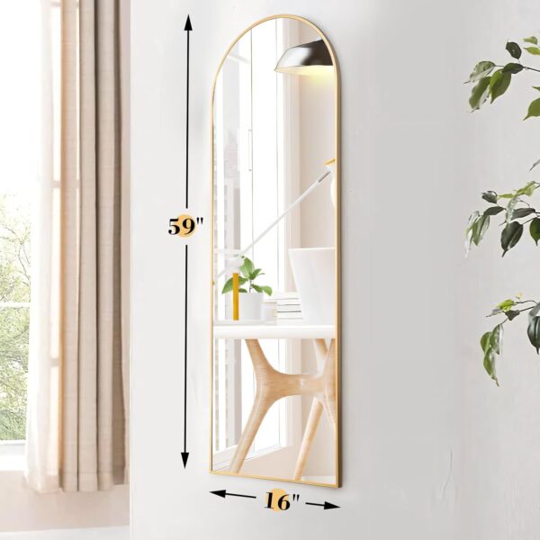 OLIXIS Arched Full Length Mirror 59"x16" for Bedroom, Full Body Mirror with Stand, Hanging or Leaning for Wall, Aluminum Alloy Thin Frame Floor Standing for Living Room, Tall, Gold - Image 2