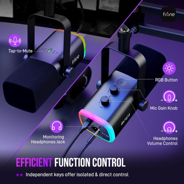 FIFINE XLR/USB Gaming Microphone Set, Dynamic PC Mic for Streaming Podcasting, Computer RGB Mic Kit with Boom Arm Stand, Mute Button, Headphones Jack, for Recording Vocal Voice-Over-AmpliGame AM8T - Image 8