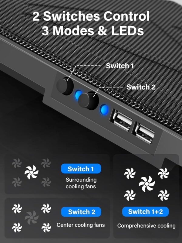 Kootek Laptop Cooling Pad, Laptop Cooler with 5 Quiet Fans for 12"-17" Computer PC Notebook Gaming Laptop Fan, Height Adjustable Laptop Cooling Stand Laptop Accessories, Blue - Image 4