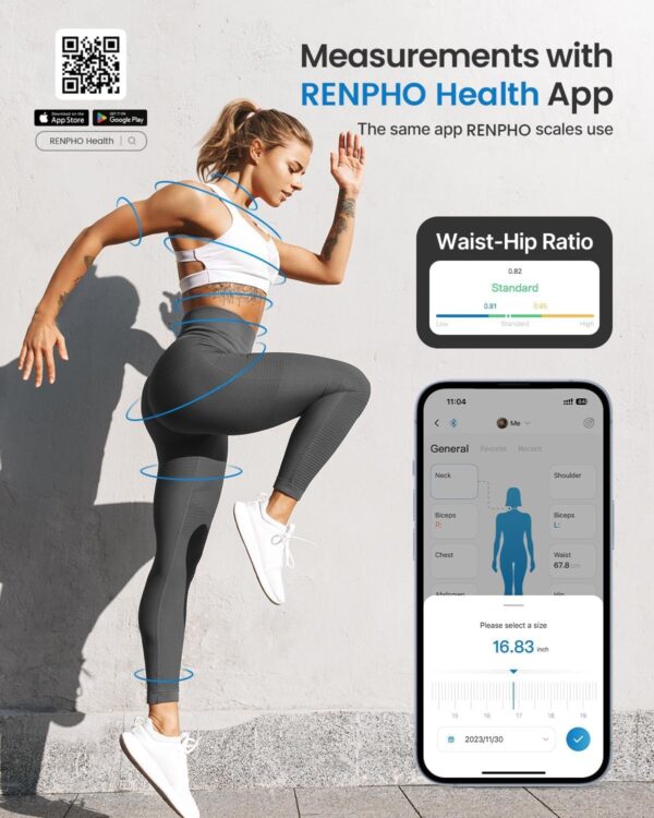 RENPHO Body Measuring Tape, Smart Tape Measure for Weight Loss, Bluetooth Fitness Equipment with App, Measuring Waist, Hip, Bust, Arms, Muscle Gain, Retractable, 60in /150cm, White - Image 2
