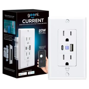 Geeni Current Smart Wi-Fi Outlet with 2 Fast Charge USB Ports (20W USB-C PD & Quick Charge USB-A), Voice Control, No Hub Required, Compatible with Alexa & Google Home