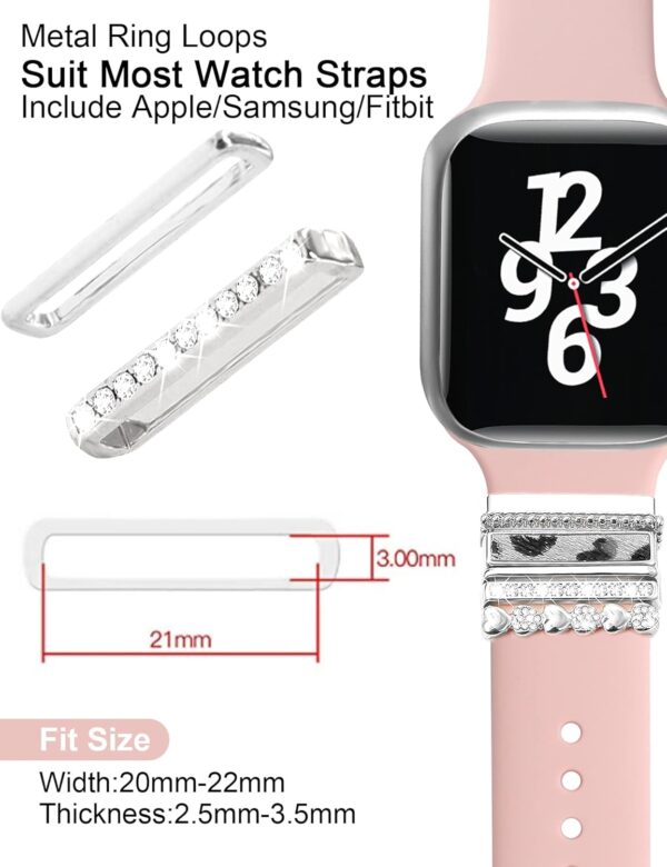 JR.DM 13 Pcs Silver Watch Band Charms with 10-Pcs Decorative Rings Loops 3-Pcs Decoration, Compatible with Apple Watch Band Metal Diamond Sliding Accessories for iWatch Series 10 9 8 7 6 5 4 3 2 1 - Image 4