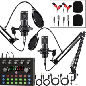 Podcast Equipment Bundle for 2, Audio Interface with Voice Changer Condenser Microphones for Gamer, All-in-One Audio Mixer Perfect for Live Streaming, Singing, YouTube, Gaming