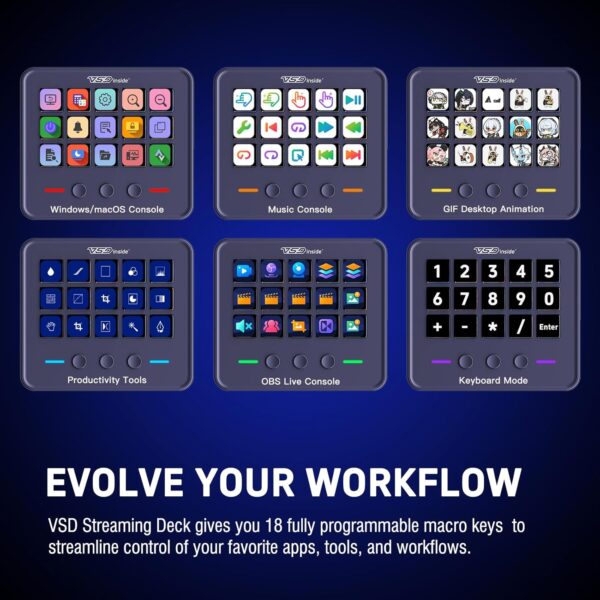 VSDINSIDE Macro Keypad, Stream Controller Deck Gaming Streaming Shortcut Keyboard, 18 Programmable Keys Customizable Visual AI Pad USB Soundboard for OBS, YouTube, Desk Office Setup, Laptop, PC, Mac - Image 3