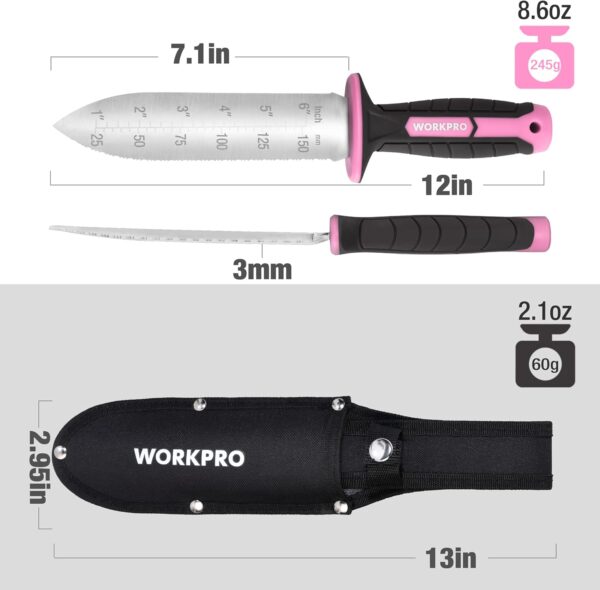WORKPRO Hori Hori Garden Knife, 7" Stainless Steel Blade with Cutting Edge, Garden Tools with Oxford Sheath, Ergonomic TRP Handle with Hanging Hole for Weeding, Planting, Digging, Pink - Image 3