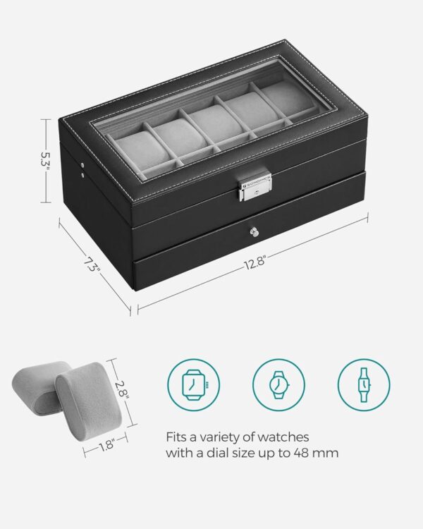 SONGMICS 12-Slot Watch Box, Lockable Watch Case with Glass Lid, 2 Layers, with 1 Drawer for Rings, Bracelets, Gift Idea, Black Synthetic Leather, Gray Lining UJWB012 - Image 6