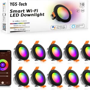 YGS-Tech Smart 2 Inch Recessed Lighting, WiFi LED Downlight 5W 120V, Compatible with Alexa and Google Home, Dimmable RGB & CCT 2700-6500K, Black Trim, LED Ceiling Light with Driver (10 Pack)