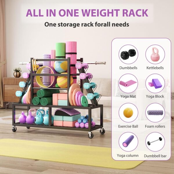 Dumbbell Rack Weight Rack Storage-Large Dumbbells Rack Home Gym Storage,Multilevel Workout Storage Organizer with Wheels and Barbell Holder,Perfect for Yoga Mat Balls Kettlebells and Fitness Gear,black - Image 7