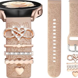DaQin Flower Engraved Band Compatible with Samsung Galaxy Watch 7 Band/FE 6 5 4 40mm 44mm,Galaxy Active 2, 20mm Watch Band Soft Silicone Replacement Strap with Decorative Charms Accessories Women