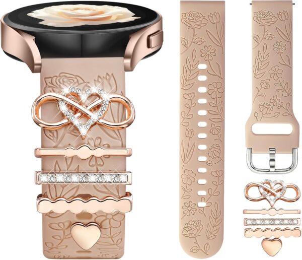 DaQin Flower Engraved Band Compatible with Samsung Galaxy Watch 7 Band/FE 6 5 4 40mm 44mm,Galaxy Active 2, 20mm Watch Band Soft Silicone Replacement Strap with Decorative Charms Accessories Women