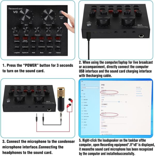 MorTime Condenser Microphone Bundle, Live Sound Card, Adjustable Boom Arm, Shock Mount, Metal Mic Pop Filter, Sponge Pop Filter Cover, Earphone, Audio Cables and Power Cable, Set of 11 Mic Kit - Image 3