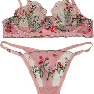Sheer Floral Colorful Embroidery Underwire Bra and Underwear Panty Matching Set Pink Lingerie For Women