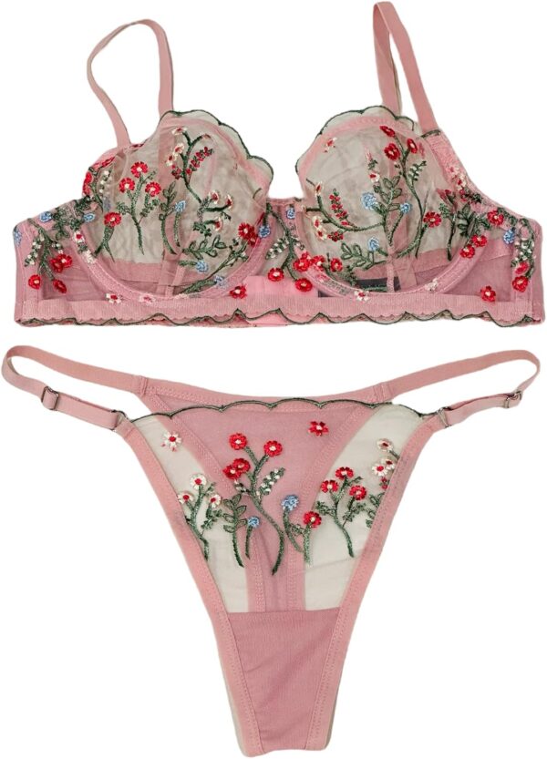 Sheer Floral Colorful Embroidery Underwire Bra and Underwear Panty Matching Set Pink Lingerie For Women