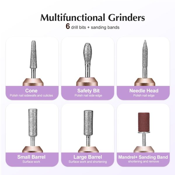 COSLUS Electric Nail Drill File Professional: for Acrylic Gel Dip Powder Nails Portable Nail Machine Kit Manicure Pedicure Tools Polishing Set with Nail Drill Bits Sanding Bands - Image 9