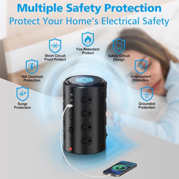 Tower Power Strip Surge Protector with 16 Outlets and 5 USB Ports (2 USB-C), 6FT Extension Cord with Multiple Outlets,Heavy Duty Charging Station,Home Office Dorm Room Essentials. No Wireless Charging - Image 3