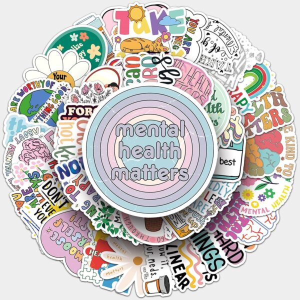 100PCS Mental Health Stickers,Mental Health Awareness Decals Vinyl Waterproof Stickers for Water Bottle Laptop Luggage Helmet Skateboard Guitar Scrapbook Phone Gifts - Image 3
