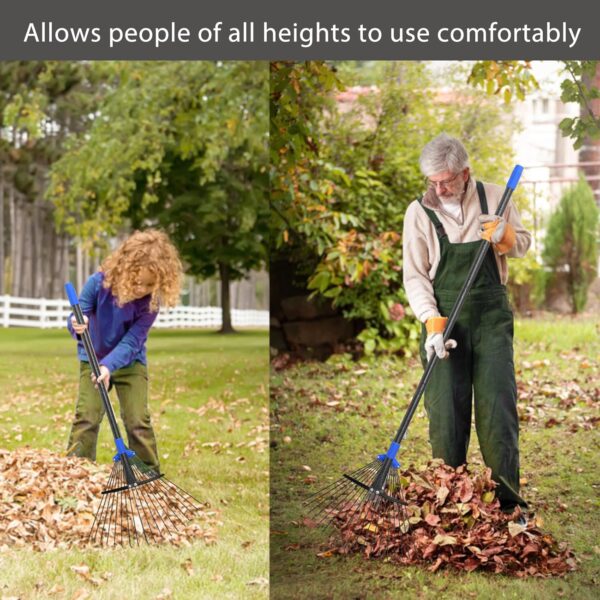 Adjustable Metal Leaf Rake Long Handle, Garden Rakes for Lawns Heavy Duty Leaves with Expandable Head 8-17", Yard Women Kids Rake for Gardening RV Camping - Image 6