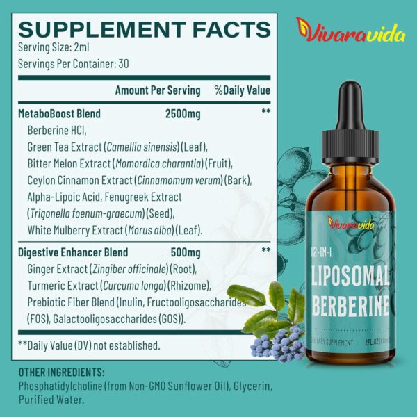 Berberine HCl Supplement 3000 mg - Liposomal Berberine HCl Liquid - AMPK Activator with Turmeric, Ceylon Cinnamon, 12 Natural Ingredients - 2 fl oz - Image 2