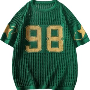 Women's Y2K Jersey Shirts Oversized Number Crochet Hollow Out Jersey Tee Sweater Crew Neck Short Sleeve Knit T Shirts