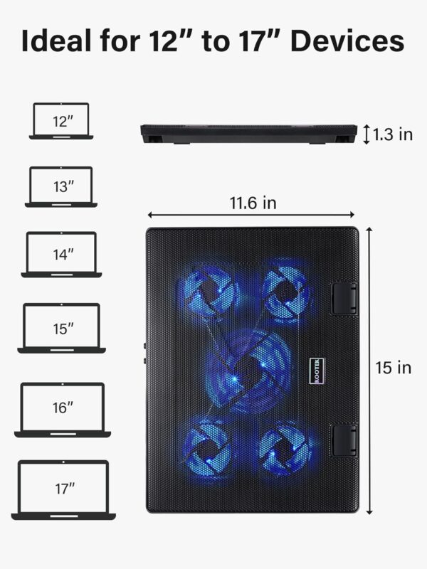 Kootek Laptop Cooling Pad, Laptop Cooler with 5 Quiet Fans for 12"-17" Computer PC Notebook Gaming Laptop Fan, Height Adjustable Laptop Cooling Stand Laptop Accessories, Blue - Image 7