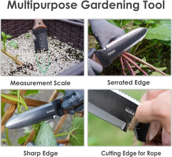 Hori Hori Garden Knife, Garden Tools with Sheath for Weeding,Planting,Digging, 7" Stainless Steel Blade with Cutting Edge, Full-Tang Wood Handle with Hanging Hole - Image 2