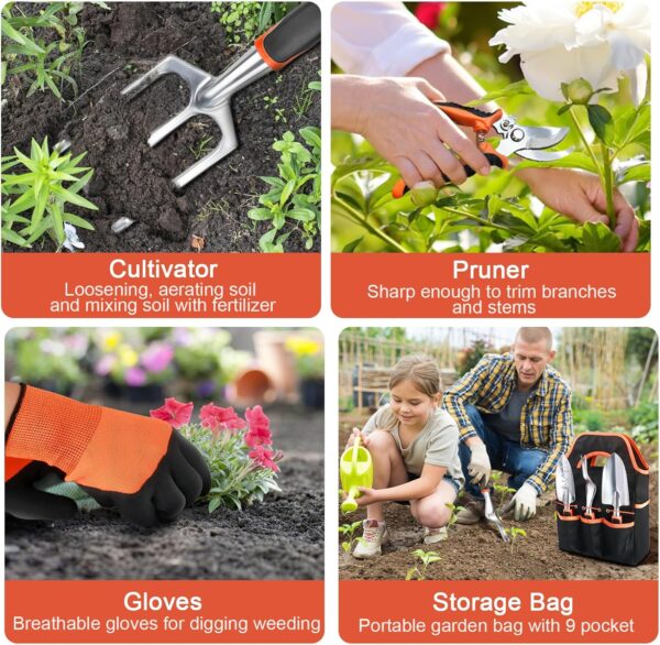 Garden Tools Set, 8 Piece Gardening Tools Set with Non Slip Ergonomic Handle, Heavy Duty Garden Tool Set with Storage Bag, Gardening Kit for Women, Garden Hand Tools Gift for Women and Men, Orange - Image 6