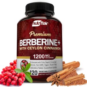 NutriFlair Premium Berberine HCL 1200mg, 120 Capsules - Plus Pure True Ceylon Cinnamon, Berberine HCI Root Supplements Pills - Immune System, Healthy Weight Management