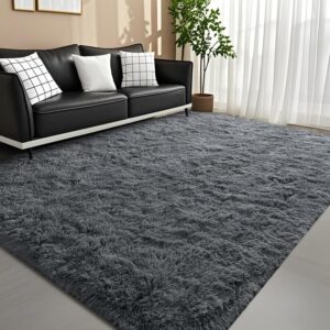 DweIke Super Soft Rug Fluffy Carpet for Living Room Bedroom, 4x6 ft Shaggy Grey Kids Area Rugs for Girls Boys Nursery Dorm Home Decor, Non-Slip Washable Plush Indoor Throw Carpets, Gray