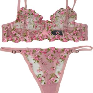 Sheer Flowery Embroidery Underwire Bra and Underwear Panty Matching Set Lingerie For Women…