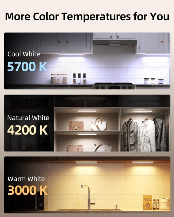 EZVALO 6-Pack Under Cabinet Lighting with Charging Station, Rechargeable Motion Sensor Lights, 3 Color Temps, Dimmable 62 LED Wireless Motion Activated Cabinet Lights with Remote for Kitchen,Pantry - Image 6