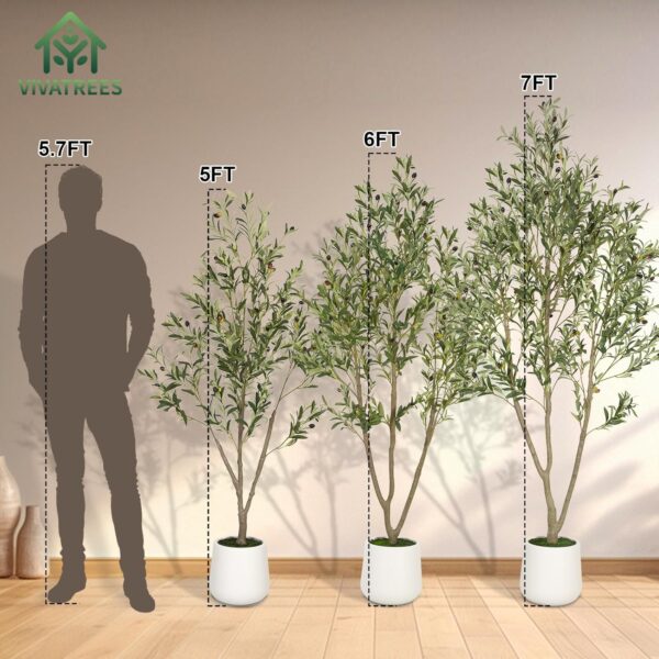 Olive Trees Artificial Indoor, 6FT Tall Faux Olive Tree with White Tall Planter, Artificial Plants with Natural Wood Trunk and Lifelike Fruits for Home Office Decor - Image 3